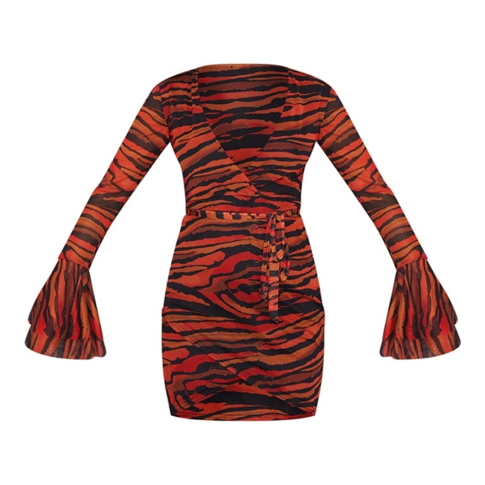 Plt orange zebra print mesh flared bodycon dress